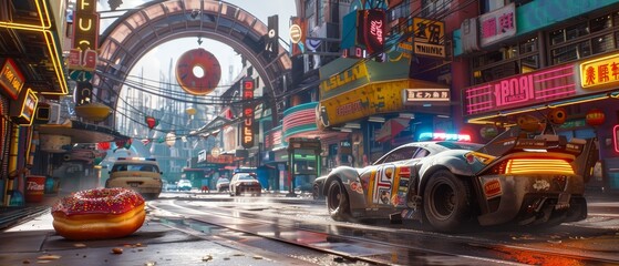 Naklejka premium Fat cop relishing a donut in a futuristic environment, surrounded by advanced tech, neon signs, and sci-fi vehicles