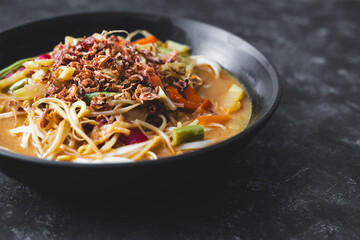 vegetarian rice noodle ramen with mixed veggies and fried shallots