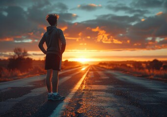 A man stands on the road at sunset