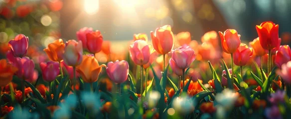 Gordijnen Colorful tulip field in sunlight © Boomanoid