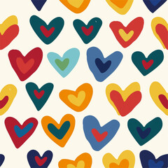 Tons of Hearts all kinds of shapes and sizes: Colorful Watercolor Seamless Pattern Wallpaper Curtain Bedding Upholstery White Background Vector