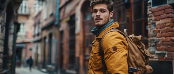 Obraz premium Young Man Exploring Urban City Street with Backpack in Autumn