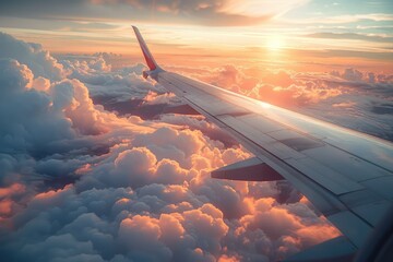Obraz premium Close-up of an airplane wing flying through the clouds at dawn.