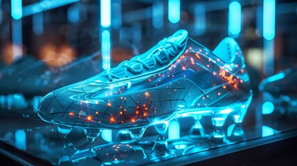 Futuristic soccer shoe with modular design, bioluminescent materials, and adaptive fit technology, showcased on a digital hologram stand