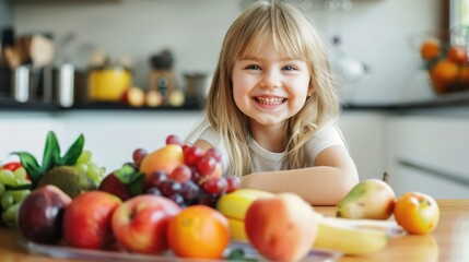 Little girl sitting at table with plate of fruit