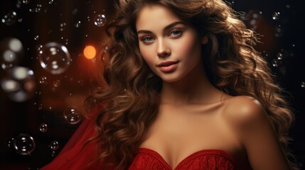 Naklejka premium Woman with long brown hair smiling in red dress surrounded by bubbles