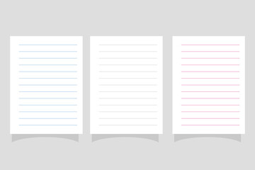 set of paper notes blank isolated on white background. Blank gridded notebook papers for homework and exercises.