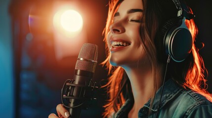 Woman singing into microphone in recording studio