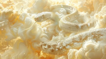 Fantastic beautiful white poisonous snake close-up coiled in a ring in golden clouds and smoke. Poisonous dangerous reptile. Monster from nightmares
