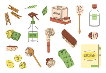 Eco-friendly cleaning products set. Organic natural ecological cleaners, soap, brushes. Green housework stuff, clean home supplies. Brushes, soap, lemon, soda, vinegar. Flat graphic vector