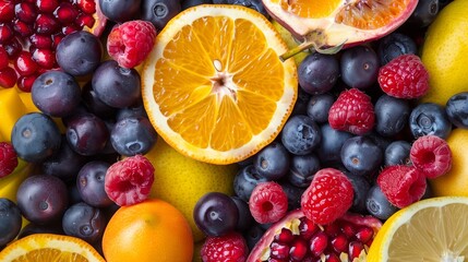 Healthy fresh fruit background with fruits high in antioxidants, vitamins, anthocyanins and dietary fiber.