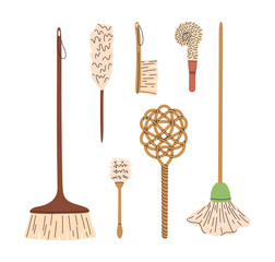 Set of eco-friendly cleaning products. Mops and brushes. Organic natural ecological cleaners, soap, brushes. Green housework stuff, clean home supplies. Flat graphic vector illustration isolated on