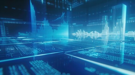 Stereoscopic Data Chart, Visual Data Screen, DataTable, Visual Data Design, Technical Style, Blue and White Color Scheme, White Font, Blue Background, Surreal