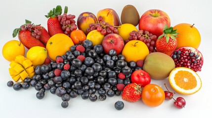 Large healthy fresh fruit selection over white background. High in antioxidants, vitamins, anthocyanins and dietary fiber.