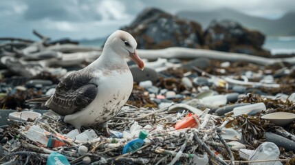 Birds living on a beach full of plastic waste and pollution, environmental conservation concept.