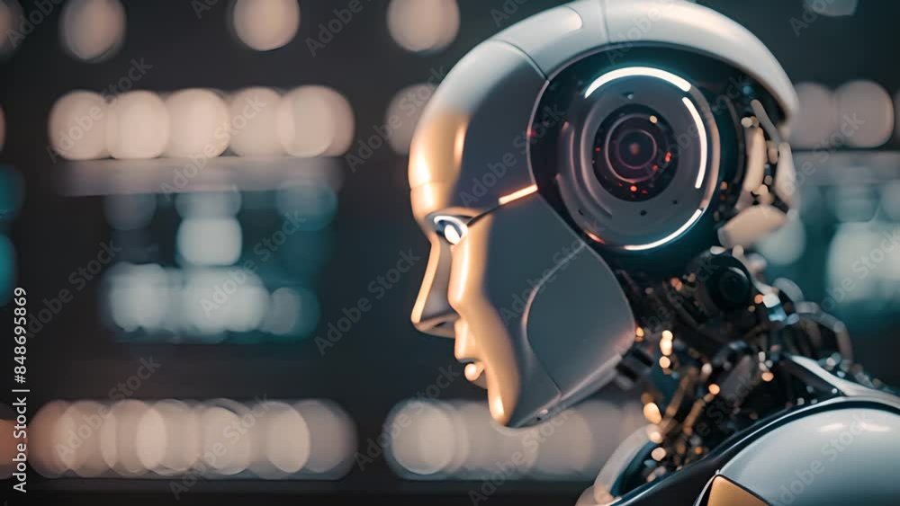 Poster robot head looking sideways in dark setting generative ai