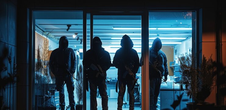 A gang of robbers standing in front of a store door at night