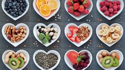 Naklejka premium Paleo diet health and super food of fruit, vegetables, nuts and seeds in heart shaped bowls on slate background, high in vitamins, anthocyanins, antioxidants, dietary fiber and minerals.