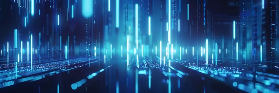 Stereoscopic Data Chart, Visual Data Screen, DataTable, Visual Data Design, Technical Style, Blue and White Color Scheme, White Font, Blue Background, Surreal