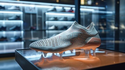 High-performance soccer shoe with augmented reality interface, energy-absorbing sole, and minimalist design, presented in a high-tech showroom