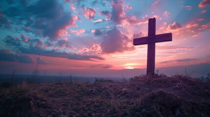 Cross of Jesus Christ standing tall on a hill, embedded in the soil, surrounded by nature, with a peaceful twilight sky, symbolizing faith and devotion