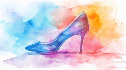 Delicate watercolor painting of a high-heeled shoe, light rainbow colors, fashionable and trendy, great for fashion blogs or retail advertisements