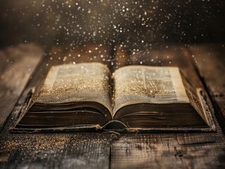 Detailed close-up of an old book open on a distressed wooden table, soft glitter overlay creating a magical, timeless look