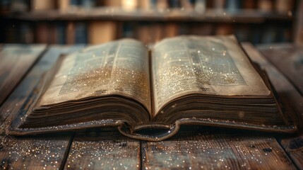 Detailed close-up of an open antique book, resting on a rustic wooden table, delicate glitter overlay adding a magical touch to the scene © Alpha