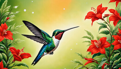 A small hummingbird perches on a blooming red hibiscus flower.