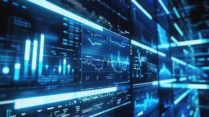 Fototapeta premium Stereoscopic Data Chart, Visual Data Screen, DataTable, Visual Data Design, Technical Style, Blue and White Color Scheme, White Font, Blue Background, Surreal