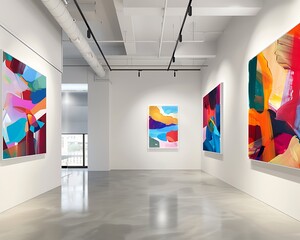 A modern art gallery with minimalist white walls, featuring a collection of vibrant abstract paintings that add a touch of color and energy to the space. © Saeeda
