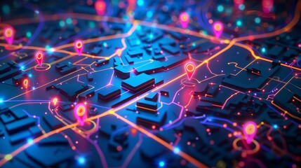 Obraz premium High-tech 3D vector map showing city emergency shelters, evacuation routes, and critical points marked with vibrant pins