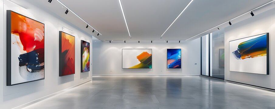 A modern art gallery with minimalist white walls and sleek lighting, displaying a series of vibrant abstract paintings that bring energy and color to the space.