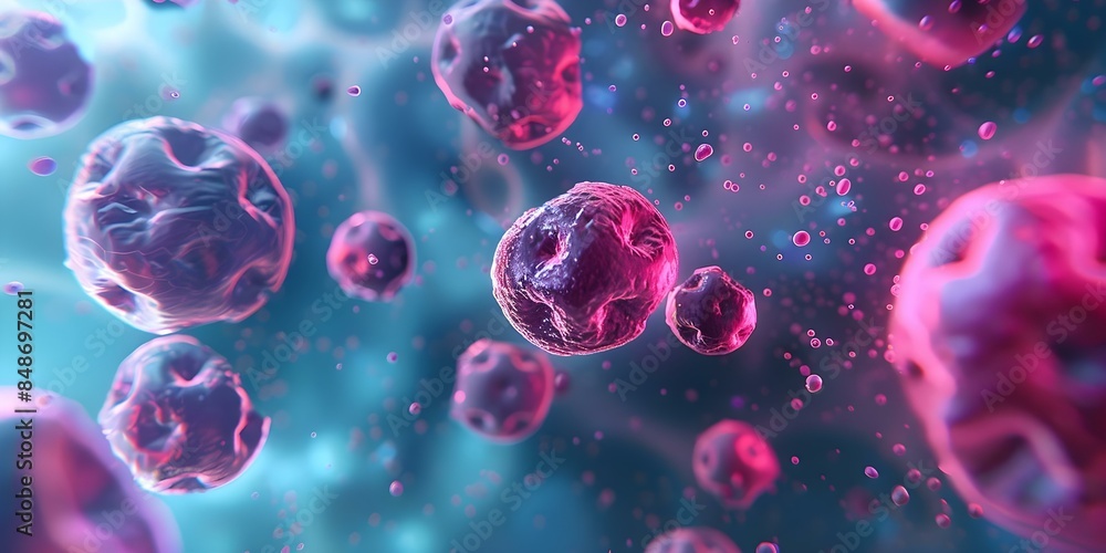 Poster exploring microscopic cells in a digital 3d render with a focus on microbiology and biotechnology. c