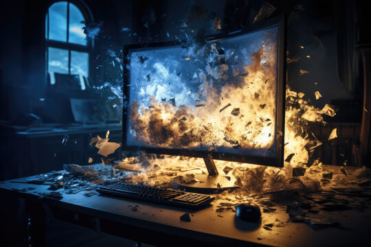 パソコン, コンピュータ, デスクトップ, デスク, 燃えるパソコン, 火事, 火災, 事故, 破壊, PC, computer, desktop, desk, burning computer, fire, accident, destruction
