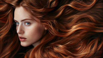 Obraz premium Close-up portrait of a freckled woman with flowing red hair, looking to the side.