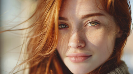 Fototapeta premium Close-up of a freckled woman with red hair, gazing softly at the camera.