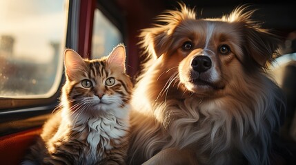 Fototapeta premium A young fluffy beautiful cute cat sits next to a friendly dog. The theme of friendship between beloved pets.