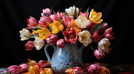 Fototapeta premium A bouquet of bright fresh tulips stands in an elegant ceramic vase.