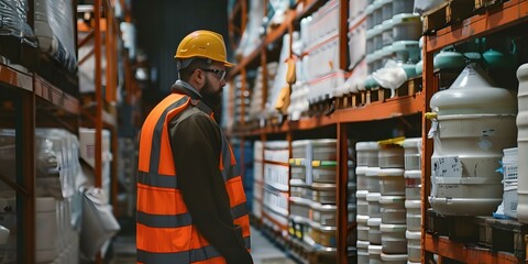 Safety officer checks chemical spill kit placement near storage warehouse in factory. Concept Safety Inspection, Chemical Spill Kit, Storage Warehouse, Factory Safety, Safety Officer Check