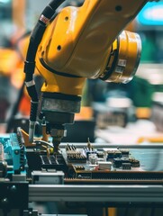 Precision Engineering: AI Robotic Arm Assembling Electronics in Industrial Factory Setting Captured with Nikon D850, 105mm f/1.4 Lens