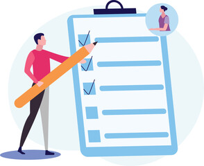 A boy is marking a list on a clipboard.