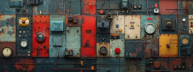 Vintage Industrial Control Panel with Rusty Gauges and Colorful Panels