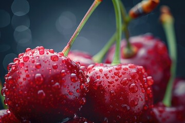 Fresh red cherries with water droplets