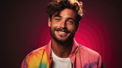 Smiling Man in Colorful Jacket Against Vibrant Background  Portrait of Joyful Confidence and Modern Style