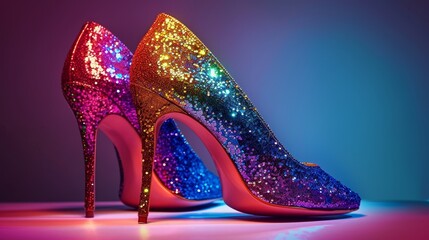 Obraz premium Pair of high heel shoes covered in colorful glitter, glitter overlay adding extra sparkle, against a plain backdrop, emphasizing their striking colors
