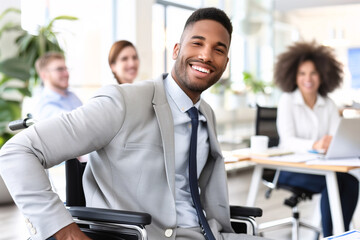 A diverse group of colleagues working together in a modern office. The image highlights teamwork, inclusion, and professional success, with a focus on a smiling man in a wheelchair.