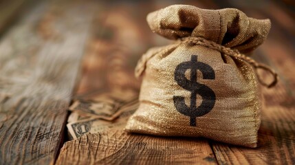 Sack of money featuring a bold dollar sign, placed on a time-worn wooden table, glitter overlay sparkling, representing prudent investments