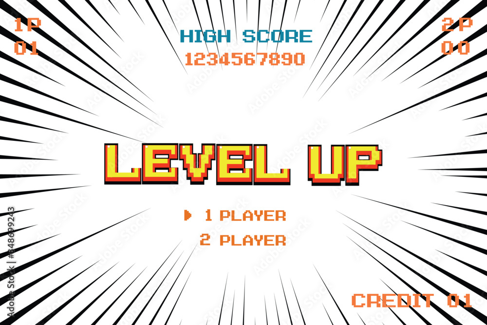 Poster level up. pixel art .8 bit game. retro game. for game assets in vector illustrations. speed line bac