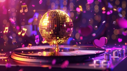 An image featuring a golden disco ball spinning on top of a turntable with music notes around it, set against a purple background.